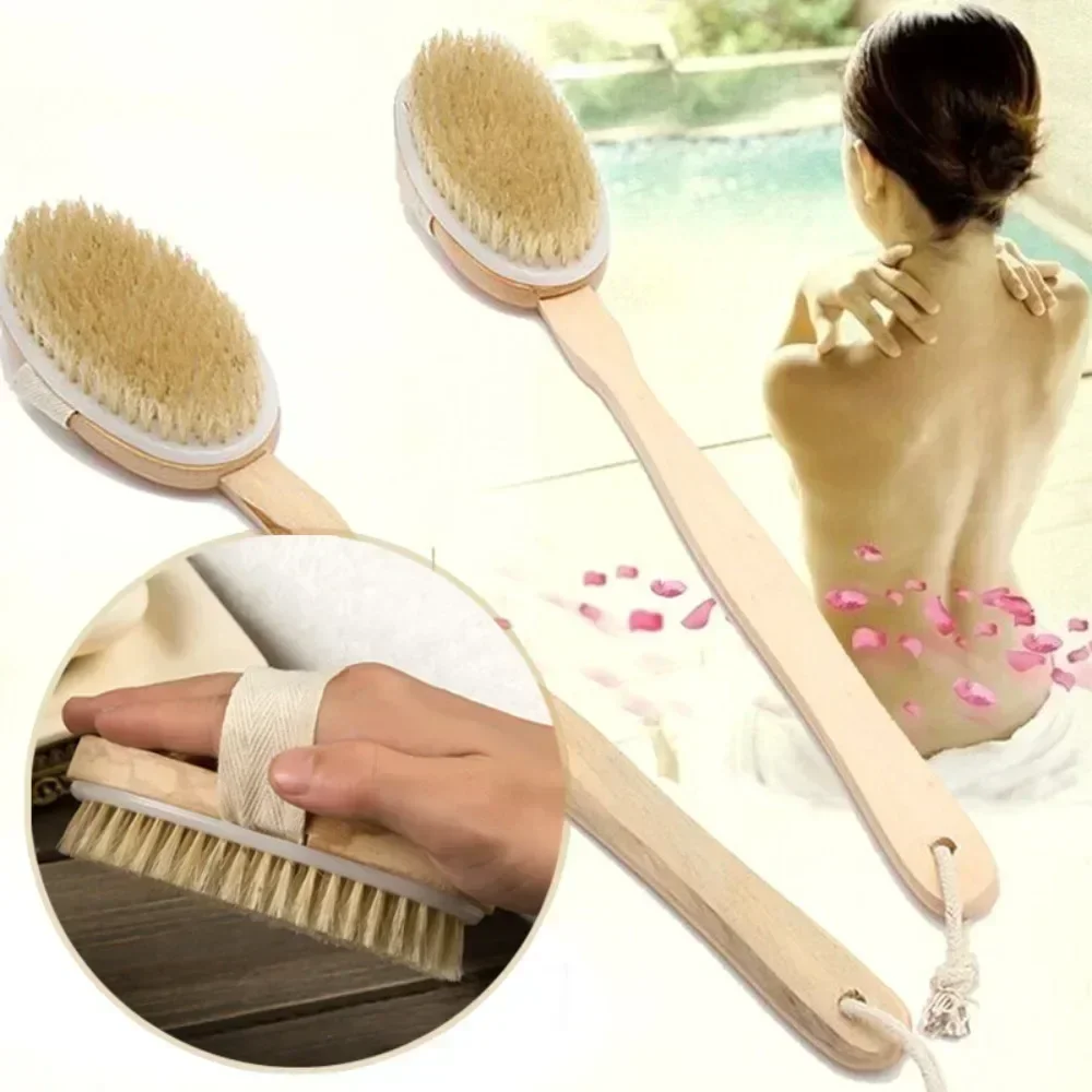 Natural Bristles Back Scrubber Shower Brush with Detachable Long Wooden Handle Dry Skin Exfoliating Body Massage Bath Brushes