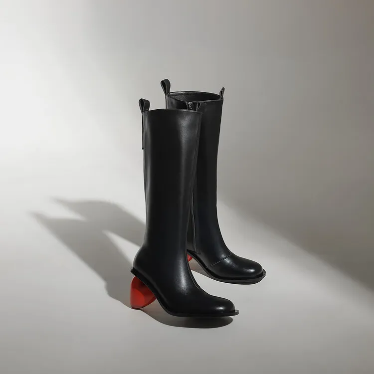 Women Black Leather Knee High Boots Round Toe Side Zipper Tall Boots Unique Red Heart Shape Heel Fashion Party Shoes