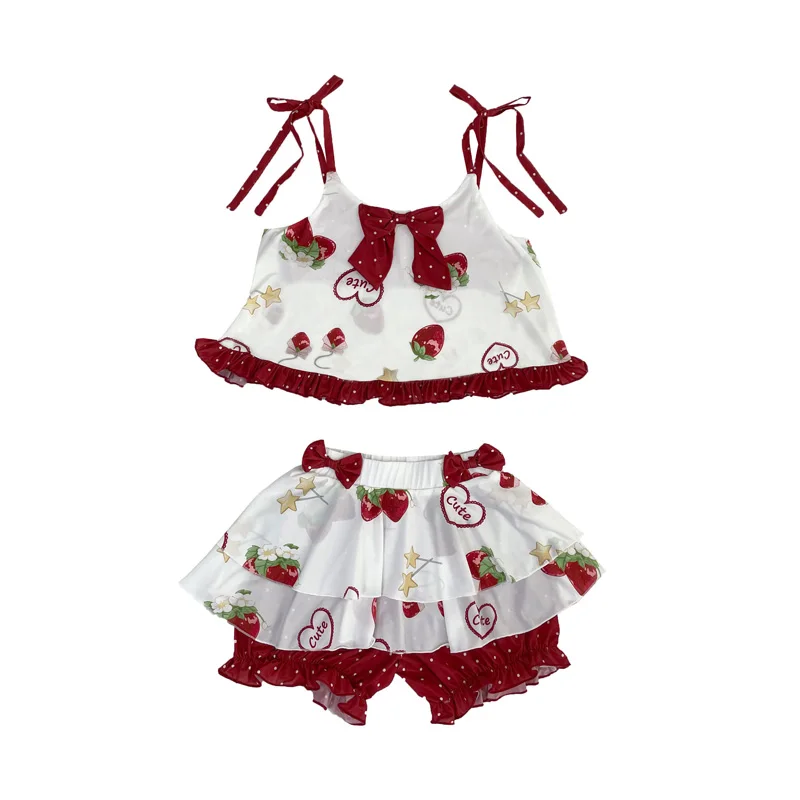 Women Cute Pajamas Girls Sleepwear Lolita Kawaii Strawberry 2 Piece Set Home Wear Clothes Summer Sleep Top Skirt Shorts Pj Suits