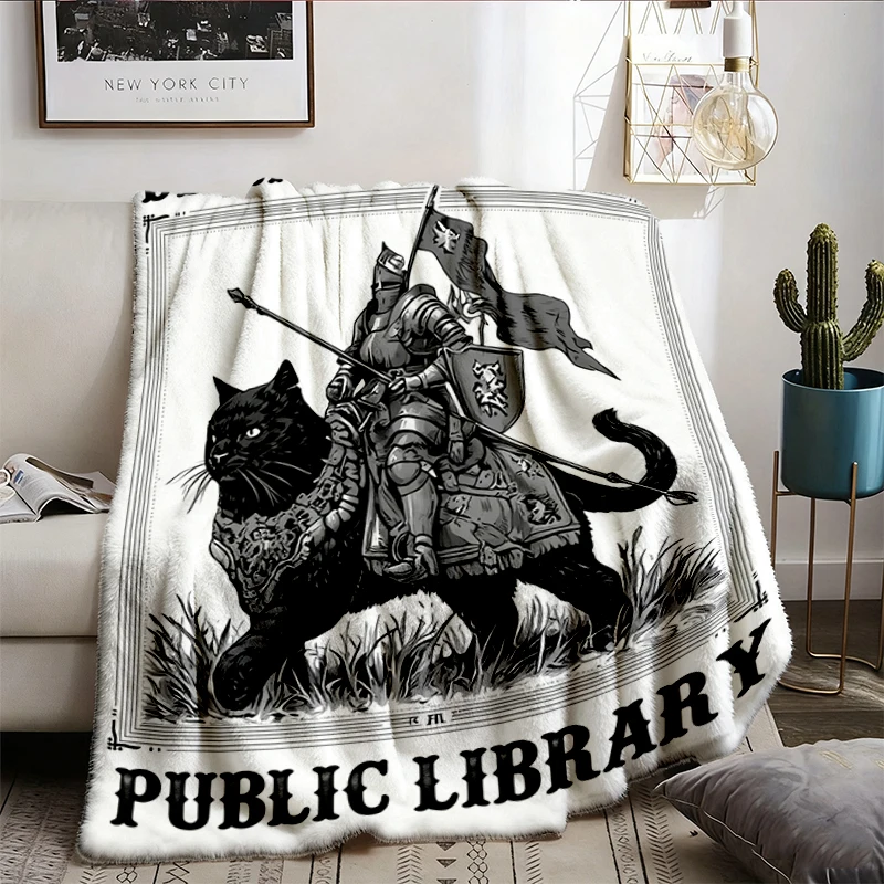 Defend Your Local Public Library Flannel Blanket Funny Knight Cat Flannel Throw, Defend Libraries Cozy Blanket