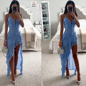 Kobieta nieregularne frędzle letni trend obcisłe rozcięcie Maxi Bodycon odzież klubowa na przyjęcie urodzinowe Vestidos niebieskie eleganckie damskie sukienki z paskiem
