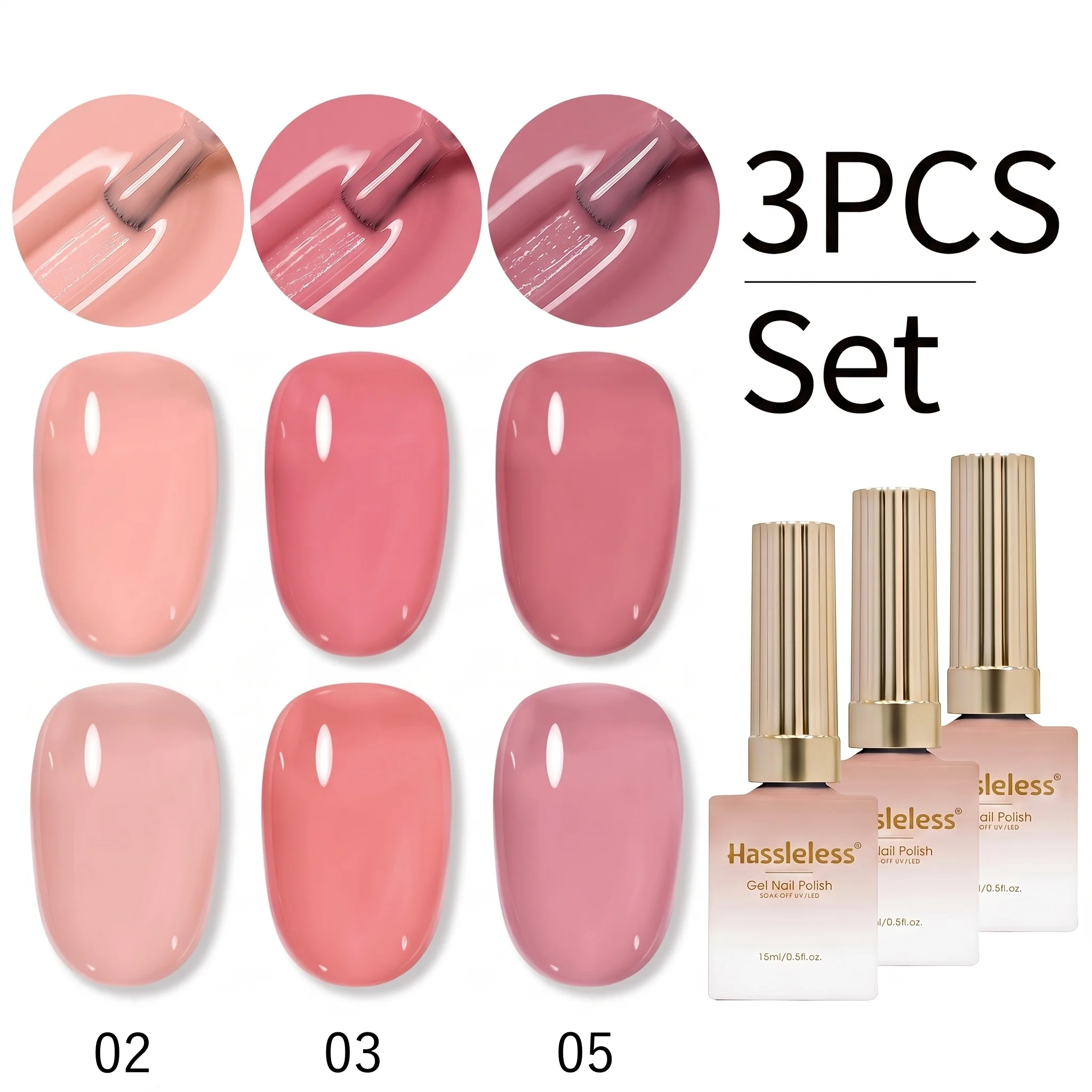 Hassleelss 3Pcs Ice Clear Nail Polish Gel Set, Create Natural Nude Nail Art, Home and Salon Nail Art Tool Set, Each Bottle Contains 15ml