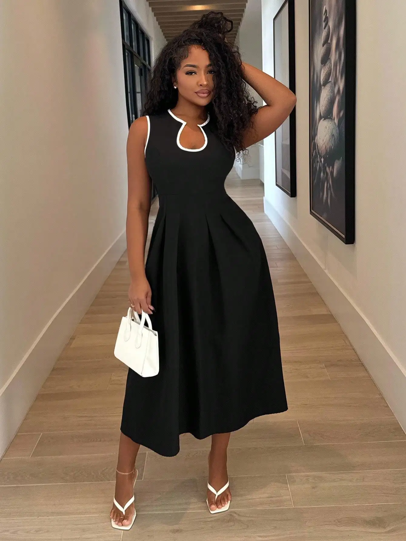 

Black Solid U-Neck A-Line Midi Dress with White Contrast Trim