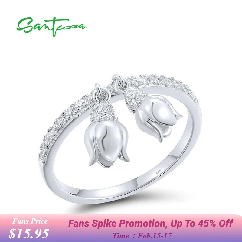 

SANTUZZA Pure 925 Sterling Silver Rings For Women Sparkling White CZ Danling Tulip Flower Elegant Lovely Trendy Fine Jewelry