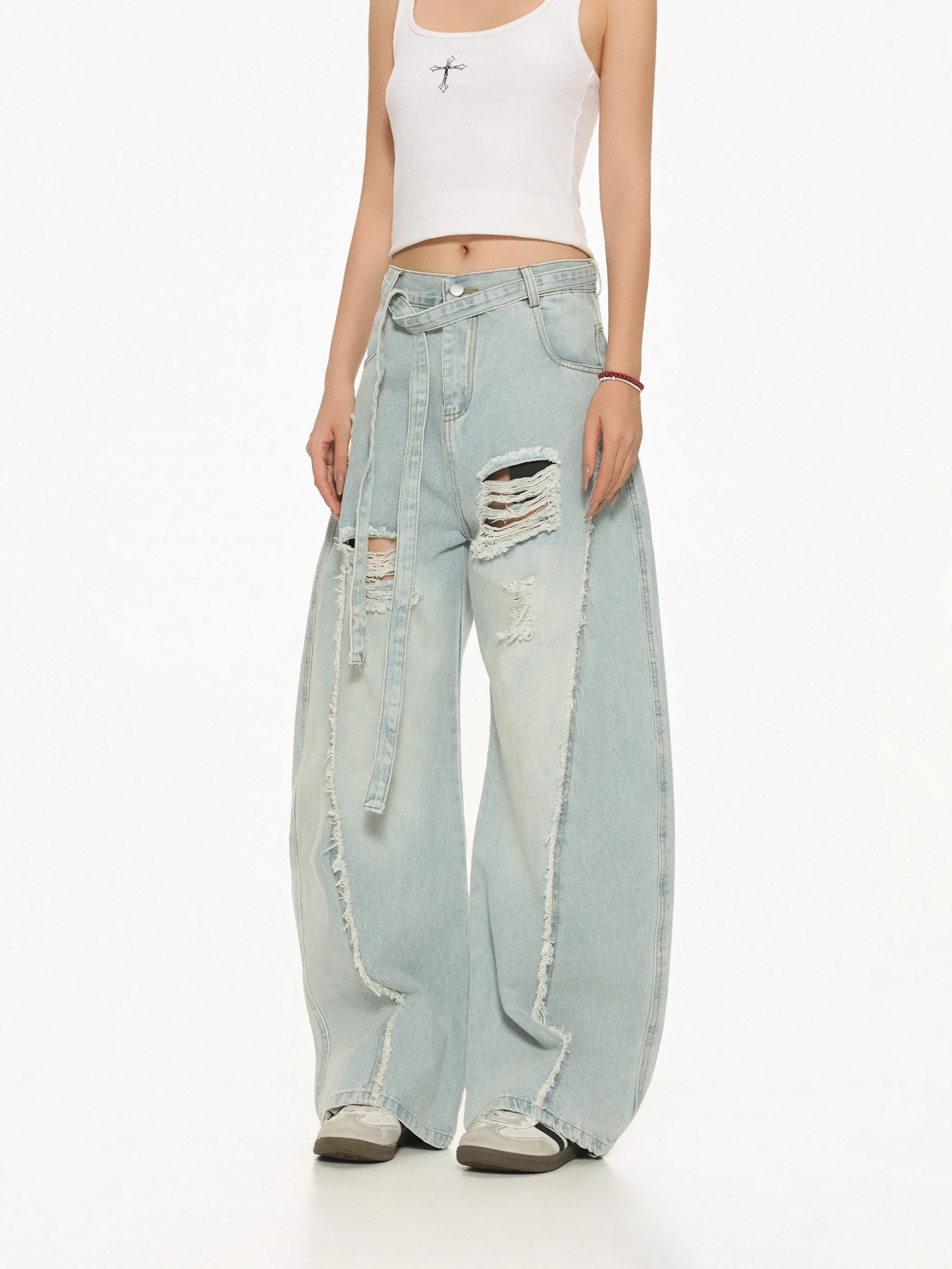

Retro Style Wide Leg Jeans Women's Frayed Hem Loose High Street Denim Pants Torn Hole American Street Style Blue Color