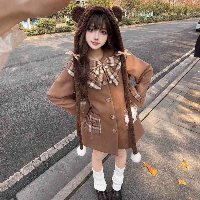 Beauté café chiot, automne et hiver atmosphère coréenne Plaid à manches longues manteau en laine femmes japonais café noeud manteau