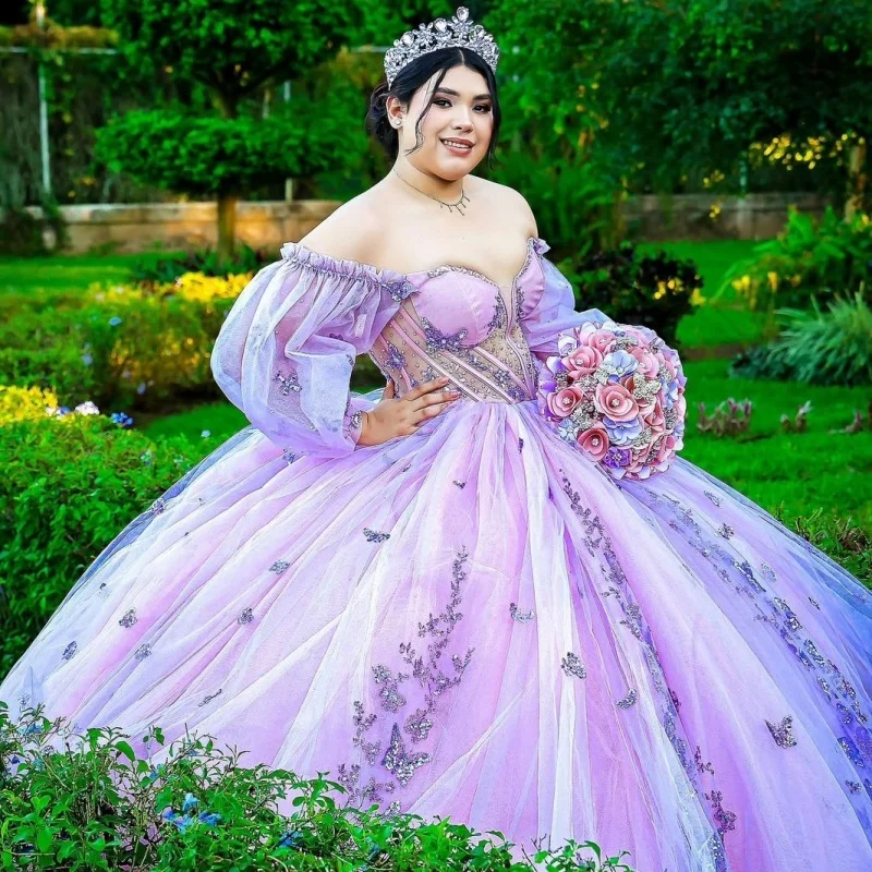 

Лавандово-фиолетовое платье Quinceanera с открытыми плечами по индивидуальному заказу, аппликация, хрустальные бусины, тюлевые кружевные платья de 15, Quinceanera ﻿