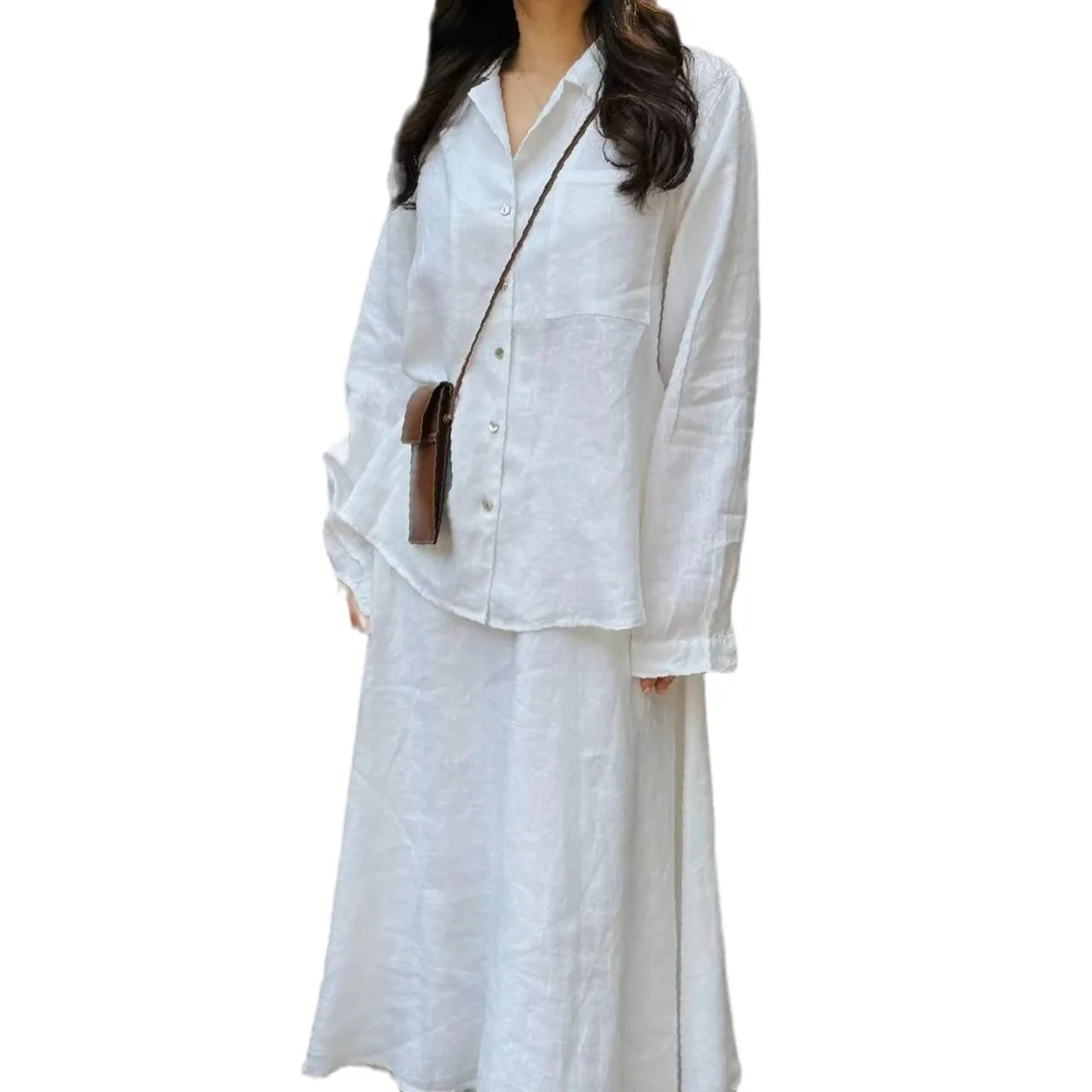 Women 2 Piece Set Blouse Long Skirt Suit Pockets Single Breasted Top Muslim Arabic Skirts Outfits Morocco Dubai Casual Ensemble 4