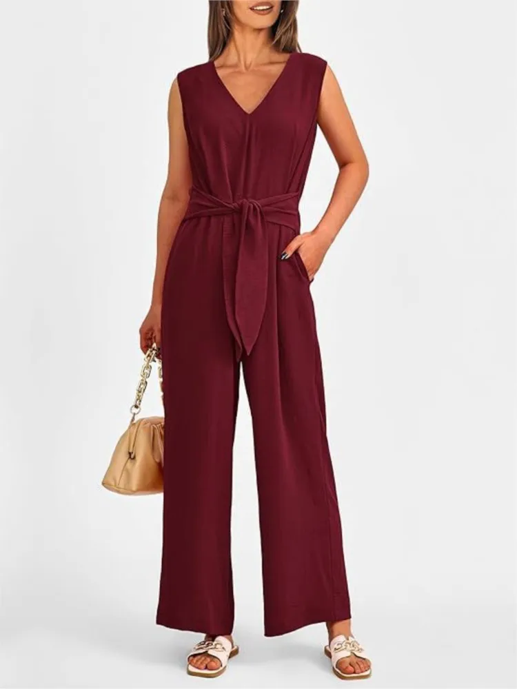 Women\'s Spring Summer New 2024 Sexy V-neck Wide Leg Jumpsuit Sleeveless Fashionable Zipper Long Casual Comfortable Jumpsuit