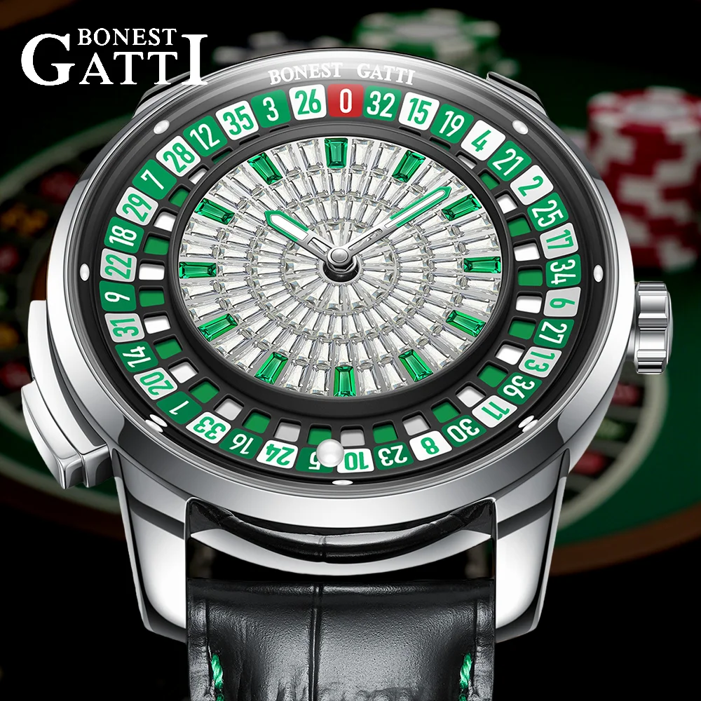 BONEST GATTI Watches European Button Roulette Fun Game Sapphire Mechanical Watch German Design Diamond Dial Leather Men's Watch