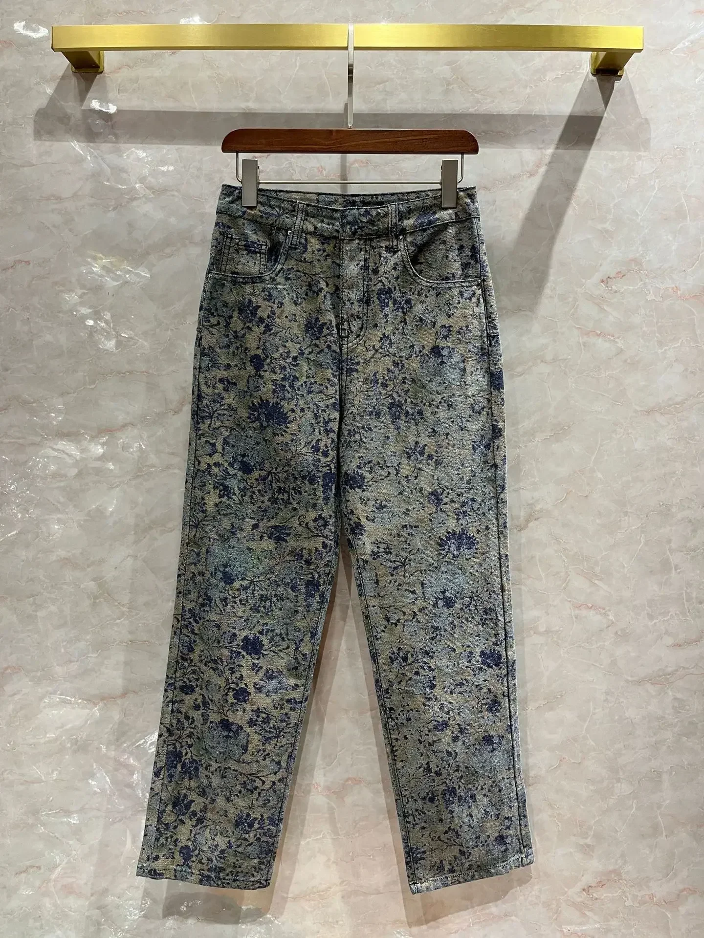 

New pattern jacquard jeans for women casual loose flower embroidery straight pants trend