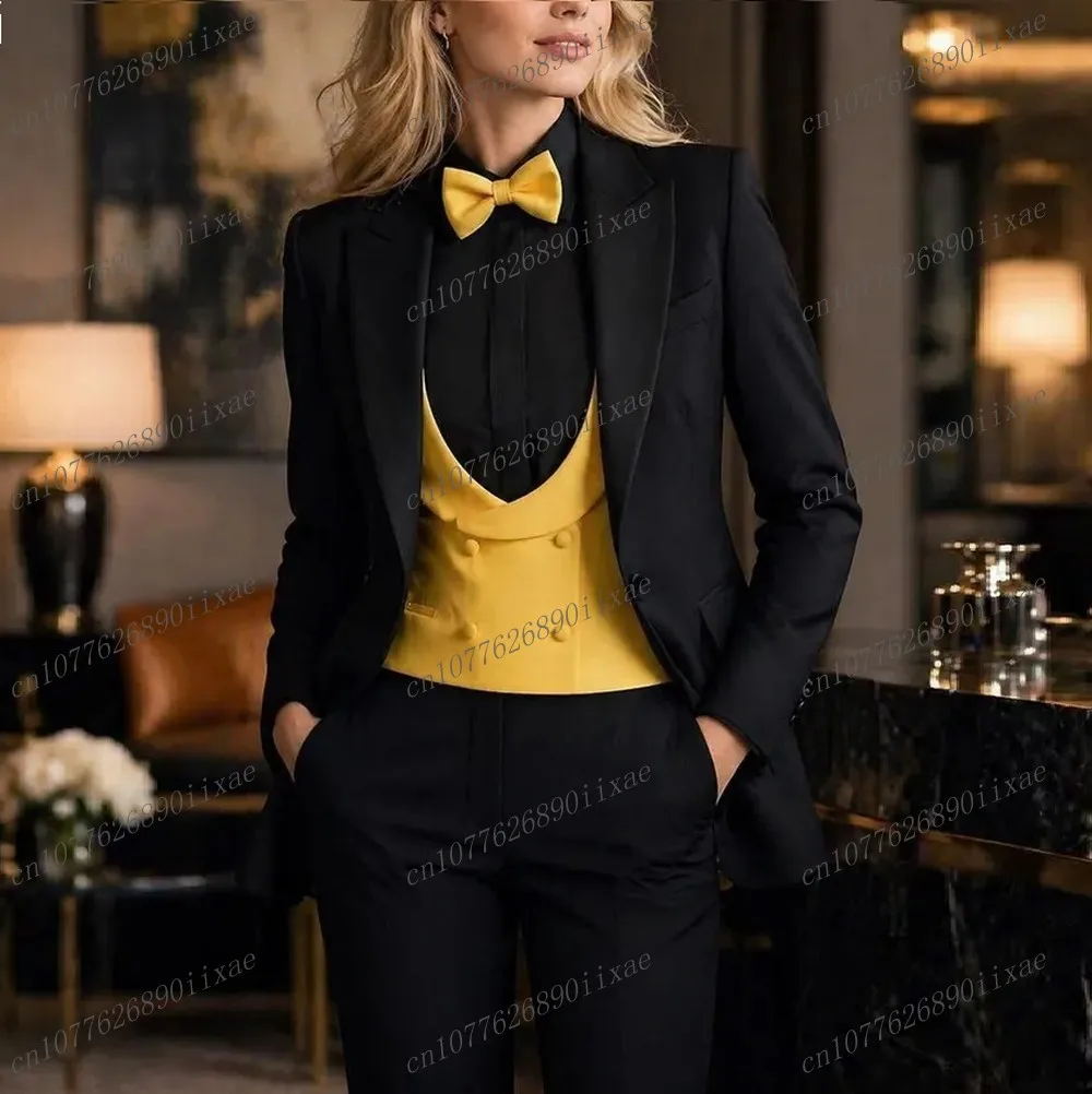 

Black And Yellow Women Suits Lady Business Tuxedos Mother Wedding Party Formal Ladies 3 Piece Set Jacket Vest Pants