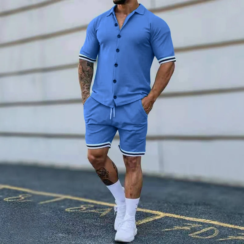 2023 Popular Men\'s Summer Polo Cardigan Solid Short Sleeve Shorts Two Piece Casual Set