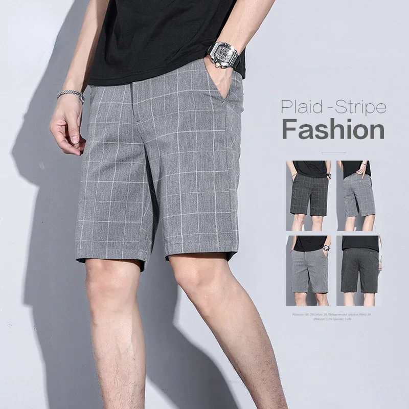 LIBIELIY Summer Thin Plaid Stripe Shorts Men Business Knee Length Pants Straight Beach Short Korea Fashion Grey Pant Male Brand