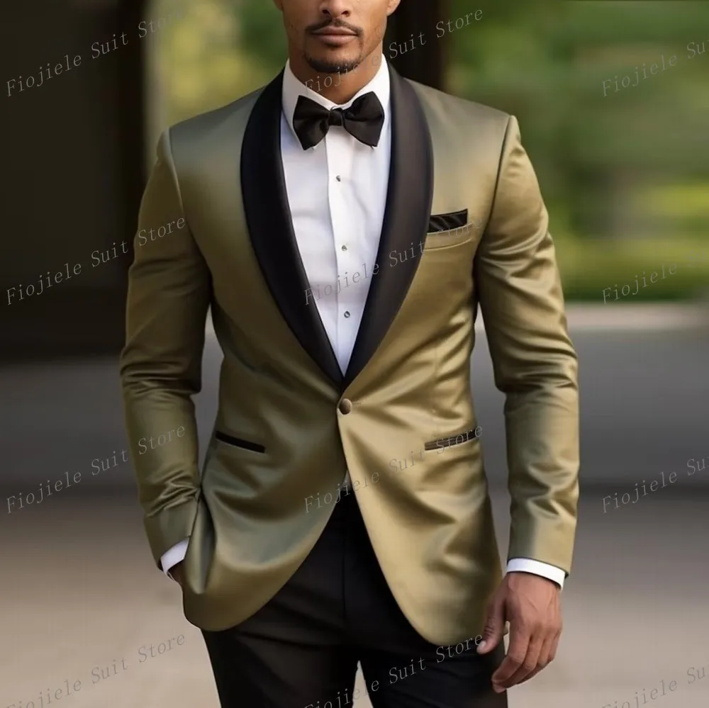 

New Black lapel Satins Men Formal Occasion Prom Tuxedos Groom Groomsman Wedding Party Prom Male Suit 2 Piece Set Blazer Pants