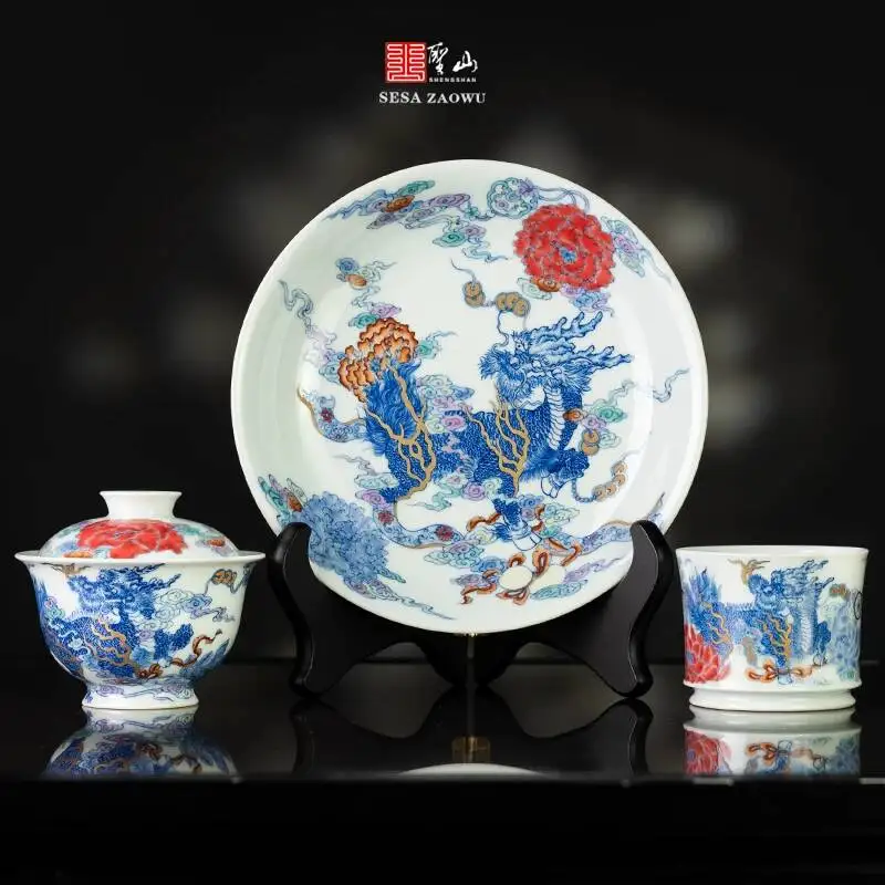 Holy Mountain Jingdezhen Antique-Style Blue White Porcelain Set Dragon And Phoenix Designs, Chinese Handmade Tea Bowl With Lid