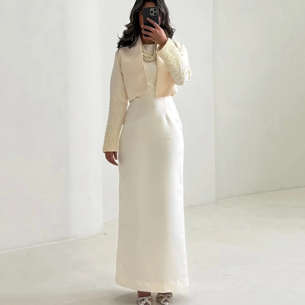 

Customized White with Pearls Striaght Evening Dress With Jacket Full Sleeves Satin Party Dress Ankle Length Simple Prom Gown