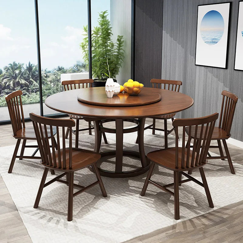 

Nordic all-solid wood dining table and chairs set Rubber wood home dining room 1.5m round table