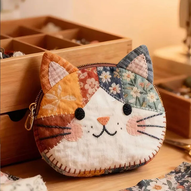 Cute cartoon cat color blocked fabric coin purse portable and portable storage small cloth bag