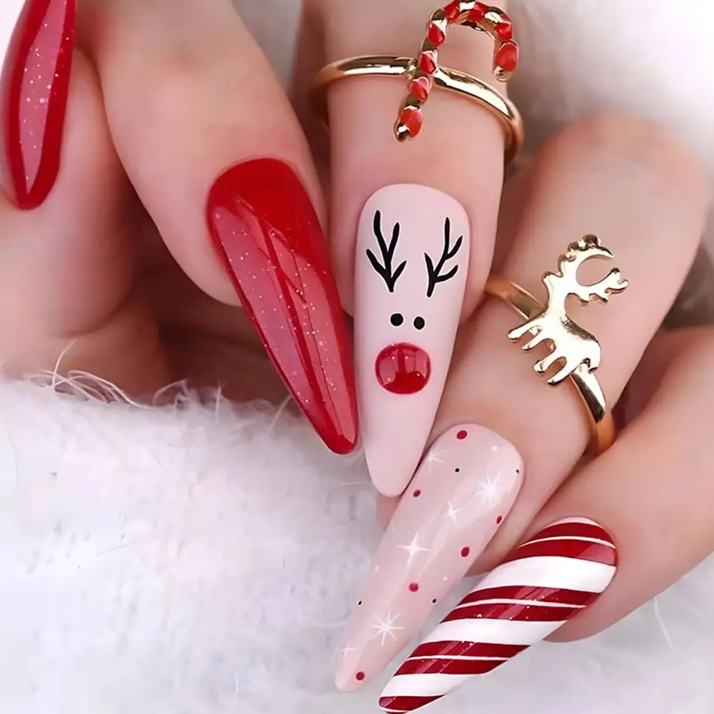 24pcs Christmas Cute Santa Hat Red French Glitter Press on Nails Girls Cheap Short Fake Nails Kawaii Simple False Nail with Glue