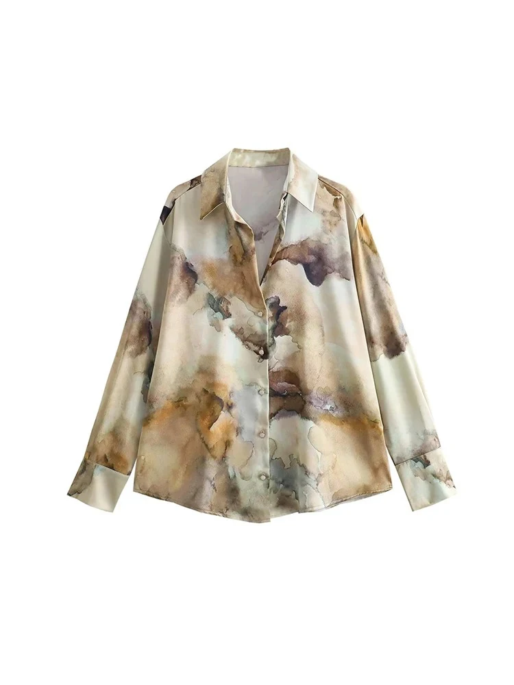 Women's Printed Single Breasted Slim Long Shirt Loose Temperament Fashion Mid-Length Skirt Silk Texture Ink Tie-Dye Suit