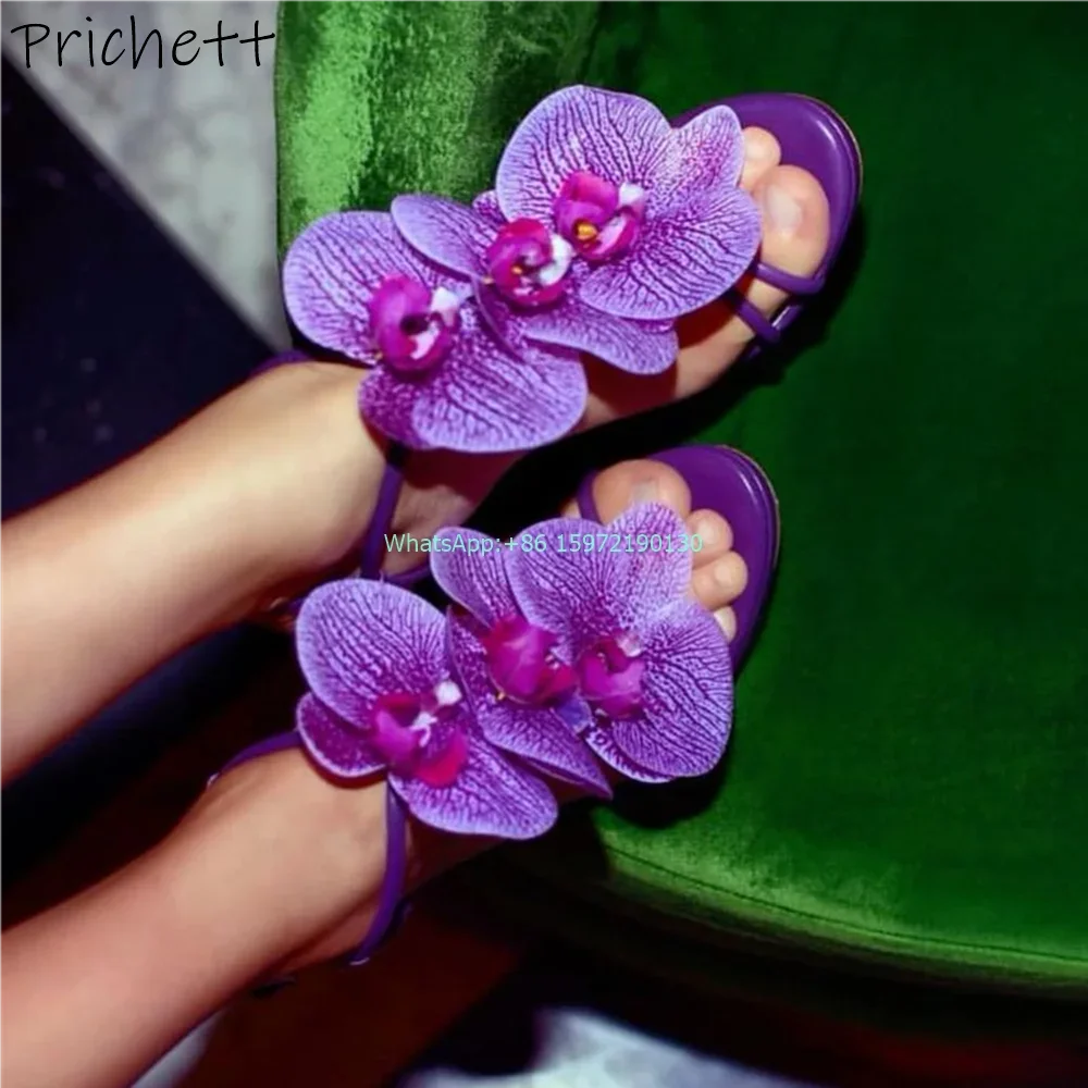Straight Strap Flower Sandals Round Toe Thin Heels Buckle Strap Orchid Elegant Shoes Ladies Vocation Stiletto Shoes 2024 New