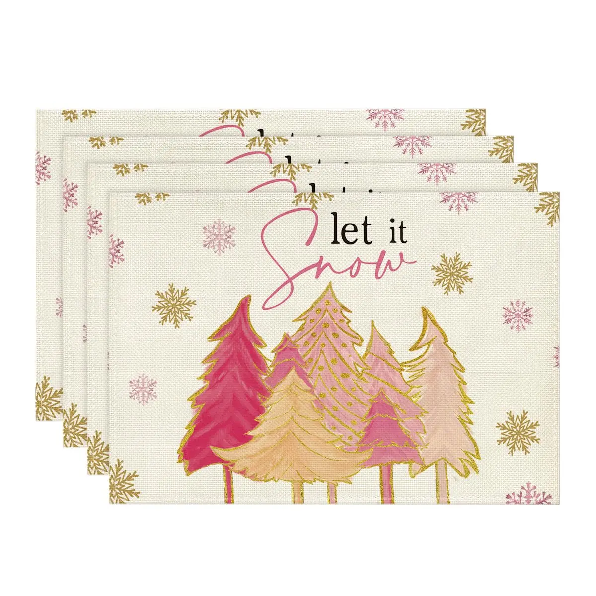 

Pink Christmas Tree Placemat Set of 4,12x18 Inch,Winter Table Mats for Party,Kitchen,Dining Decor,Let It Snow,Snowflake Placemat