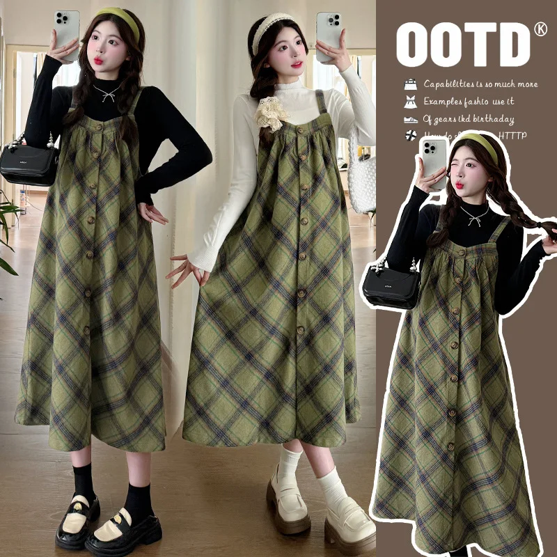 

Роскошный клетчатый комплект платья для беременных, осенне-зимний сарафан с вязаным верхом, приятный для миниатюрного молодежного наряда