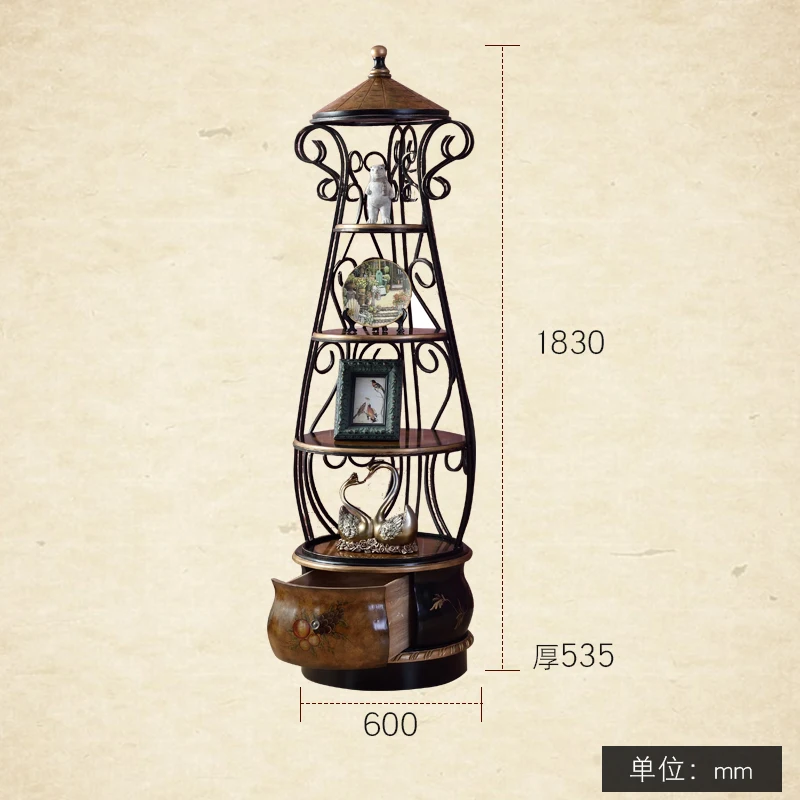 Wrought iron rack living room floor storage solid wood frame multi-layer baffle American corner wood frame birdcage rack
