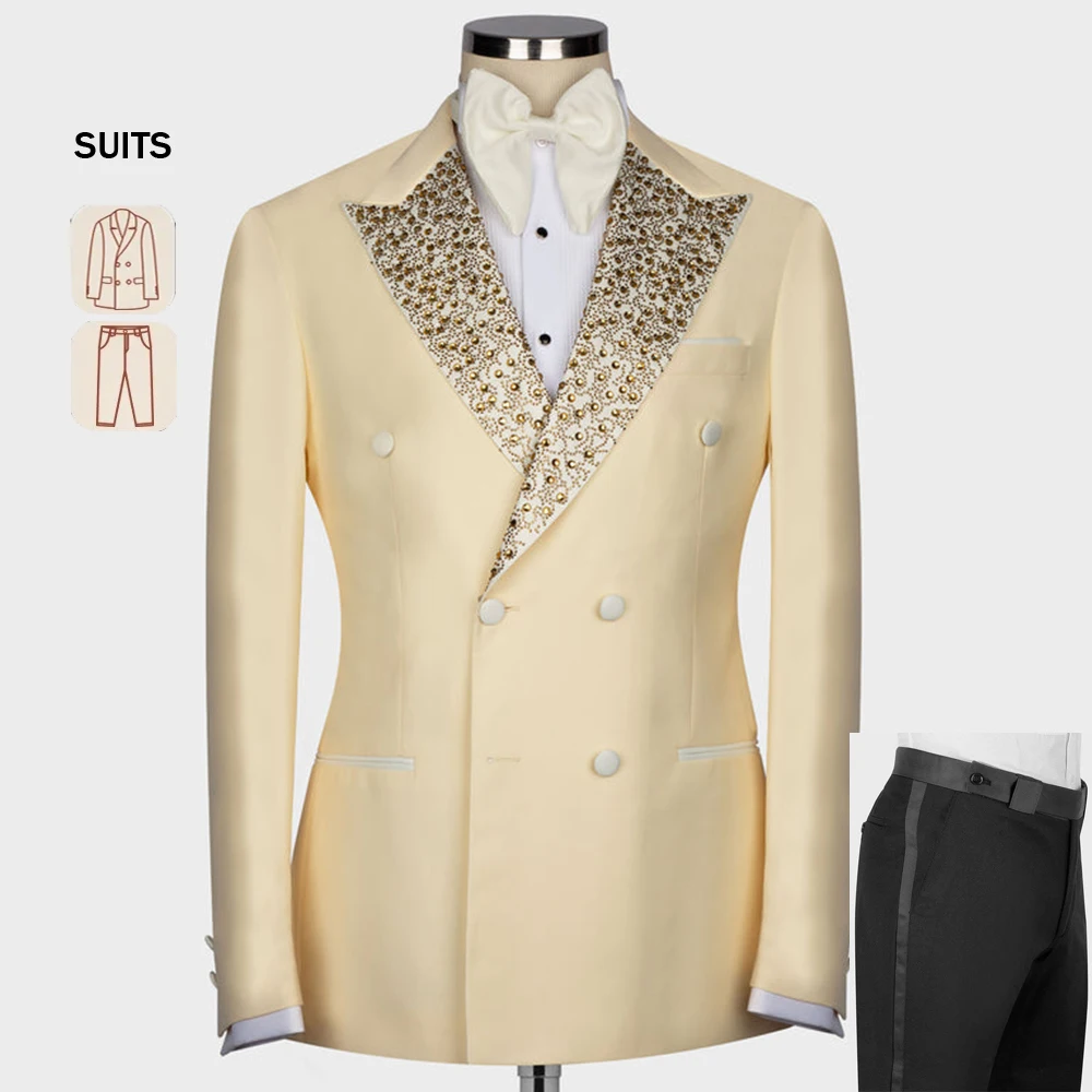 

Elegant Wedding Suits For Men Fit Slim Gold Beaded Lapel Blazer Pants 2 Pieces Formal Man Marriage Tuxedos Double Breasted Dress
