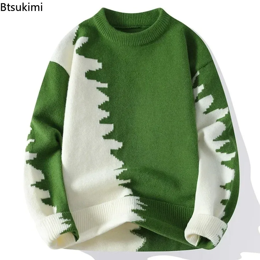 Men Contrast Color Thick Knitted Sweater Autumn Oversized Warm Pullover Teenagers Loose Thermal Basic Bottoming Woolen Knitwear