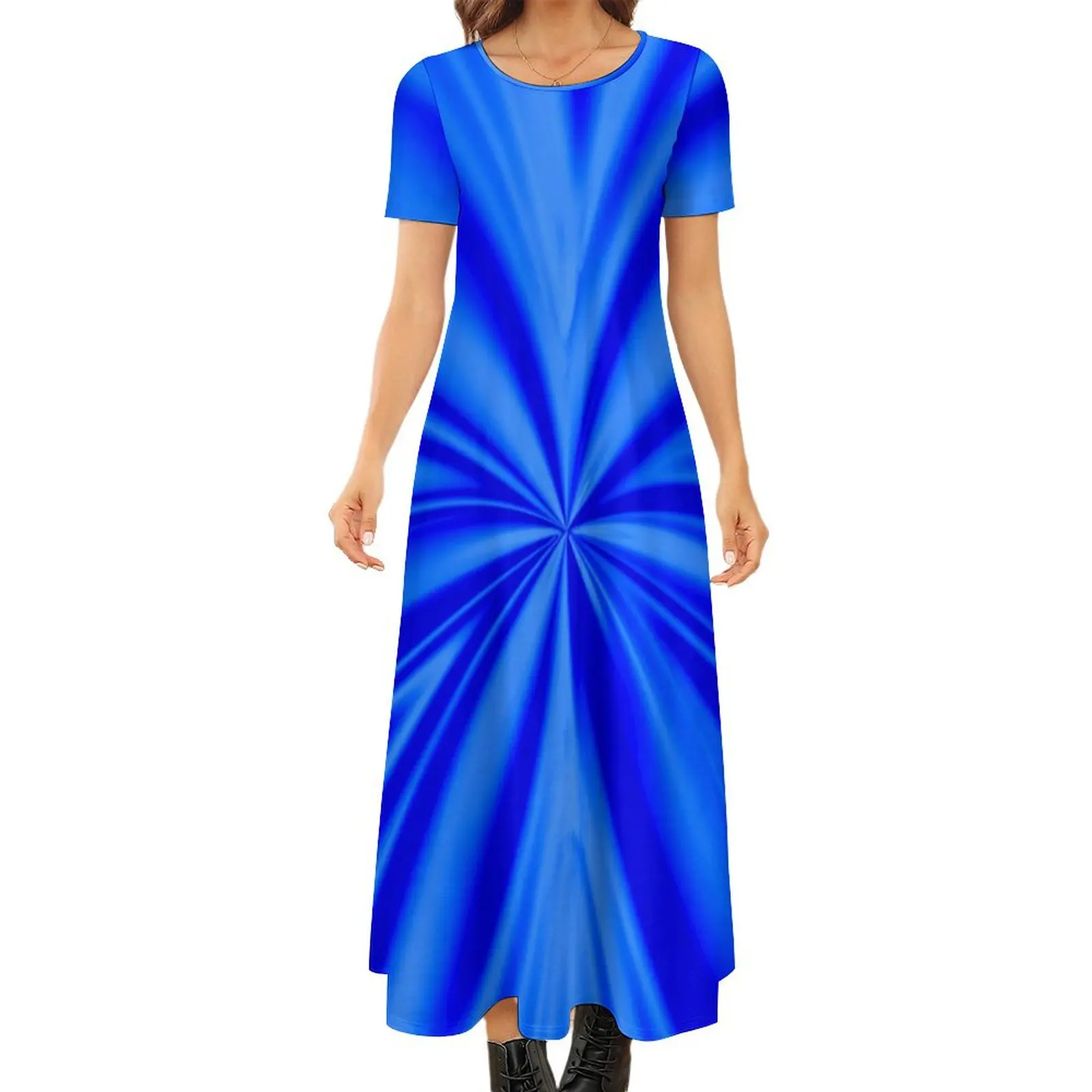 

Blue Tie Dye Dress Abstract Flower Print Maxi Dress Short Sleeve Street Fashion Boho Beach Long Dresses Women Oversize Clothing