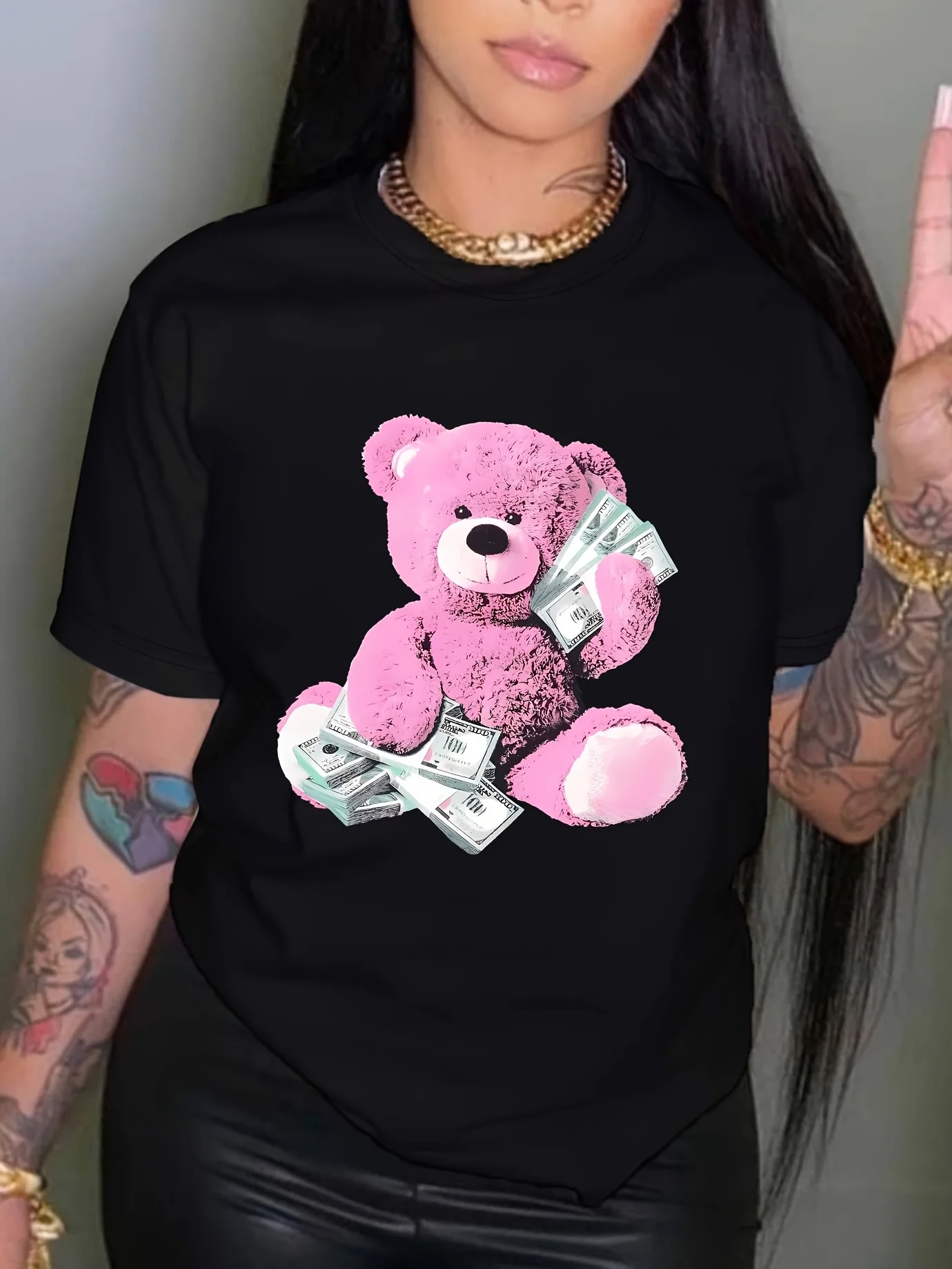 T-shirt z nadrukiem niedźwiedzia, swobodny top z krótkim rękawem na wiosnę i lato, odzież damska