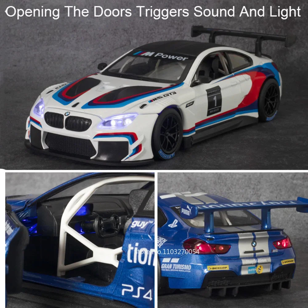 1/24 BMW M6 GT3 Toys Car Model Alloy Diecast Sports Cars Metal Body Rubber Tires 3 Doors Opened Sound Vehicle Toy Gifts for Kids