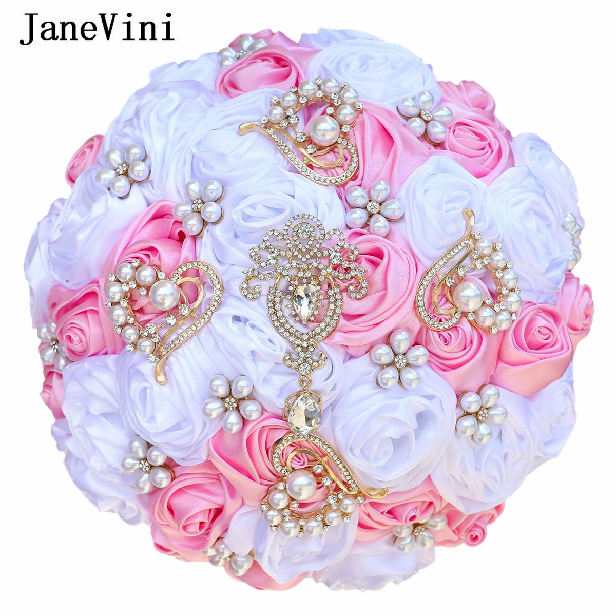 

JaneVini 2024 Pink White Bridal Bouquet Holder Crystal Pearls Bride Artificial Flower Wedding Bouquet Satin Roses Ramos De Boda