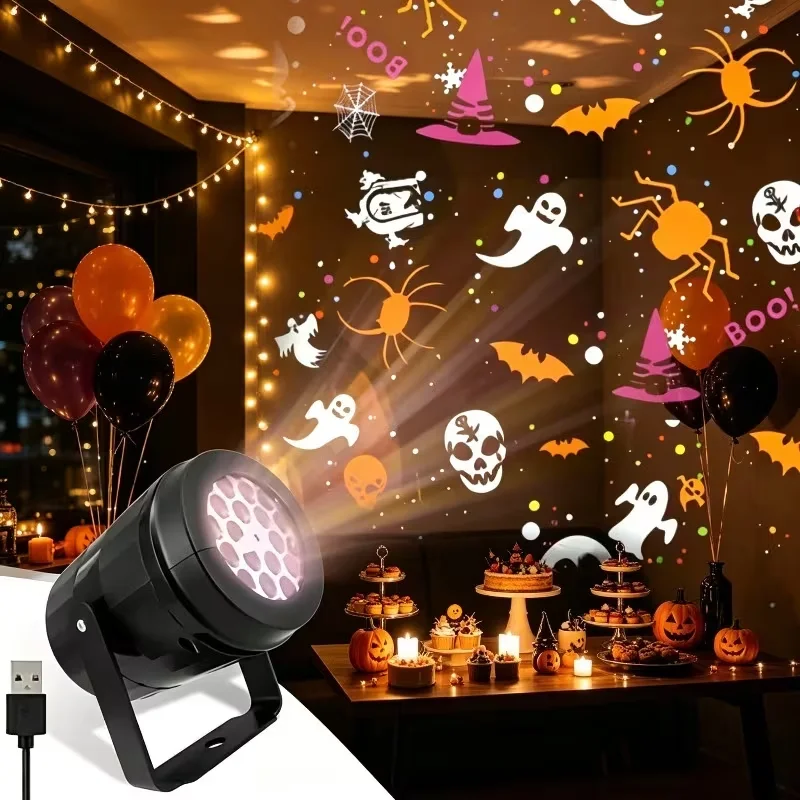LED Halloween Pumpkin Projector Light USB Powered Rotating Dynamic Christmas Snowflake Projection for Indoor Holiday Party Decor