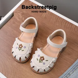 Girls Sandals 24 Summer New Embroidered Flowers Soft Bottom Leather Children's Sandals White Korean Version Of Children's Shoes