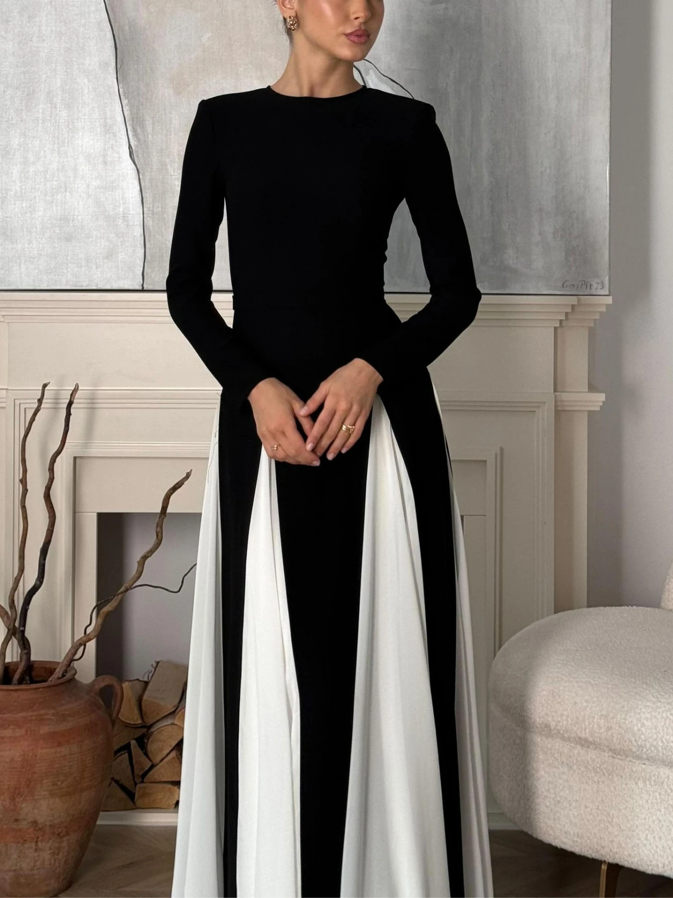 Mikydely-Elegant women clothing new fashion black and white stitching long sleeve dress