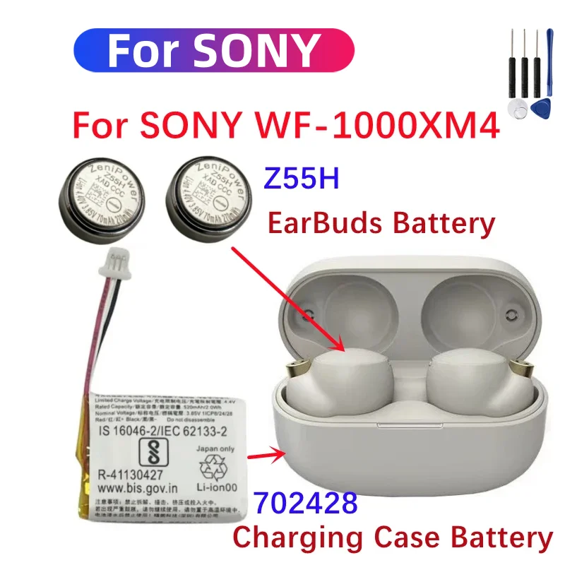 702428 For ZeniPower Z55H 3.85V 75mAh Battery For SONY WF-1000XM4 1000XM4 XM4 Bluetooth Earbuds Headset Batteria + Free Tools