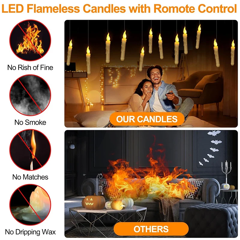 8-16pcs Floating LED Candles with Magic Wand Remote Flameless Flickering Warm Light Battery Operated Candle Birthday Halloween