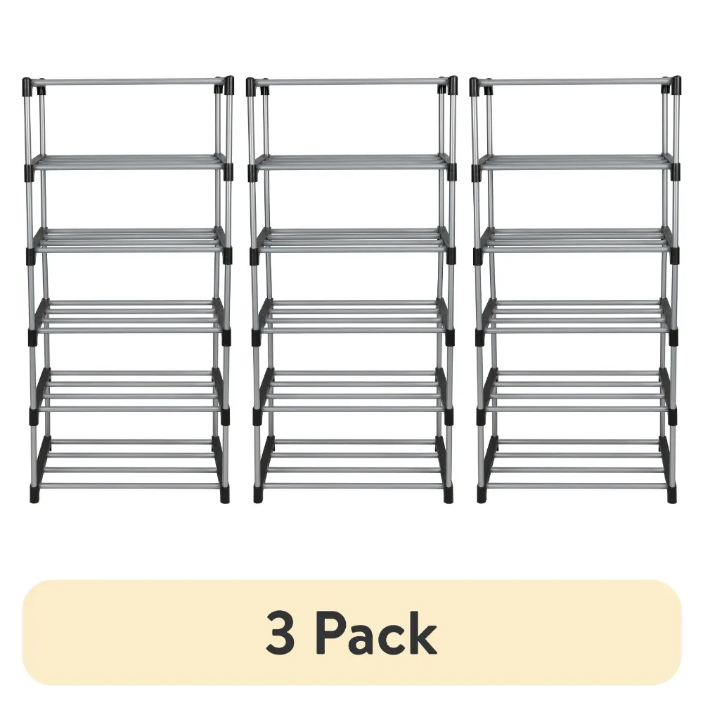 

6 Tier Shoe Rack, Black and Silver Shoe Rack, 8 Pairs of Shoes, Metal Tubes & Plastic Connectors, (3 pack) Shoe Rack