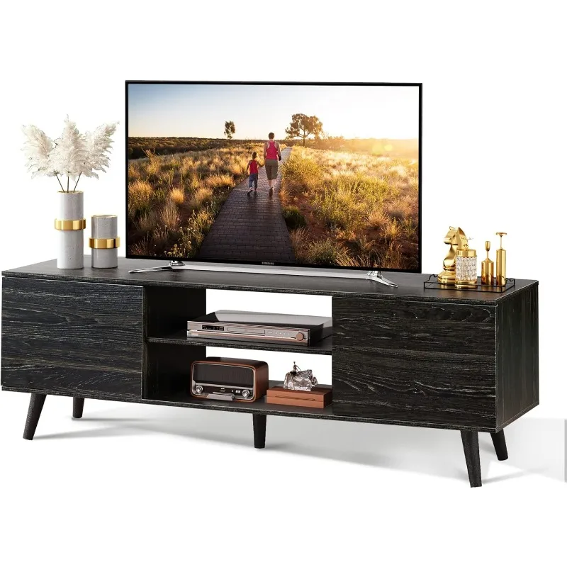 

TV Stand for 55 60 inch TV, Modern Entertainment Center with Storage Cabinets, Console Table for Bedroom, Charcoal Black