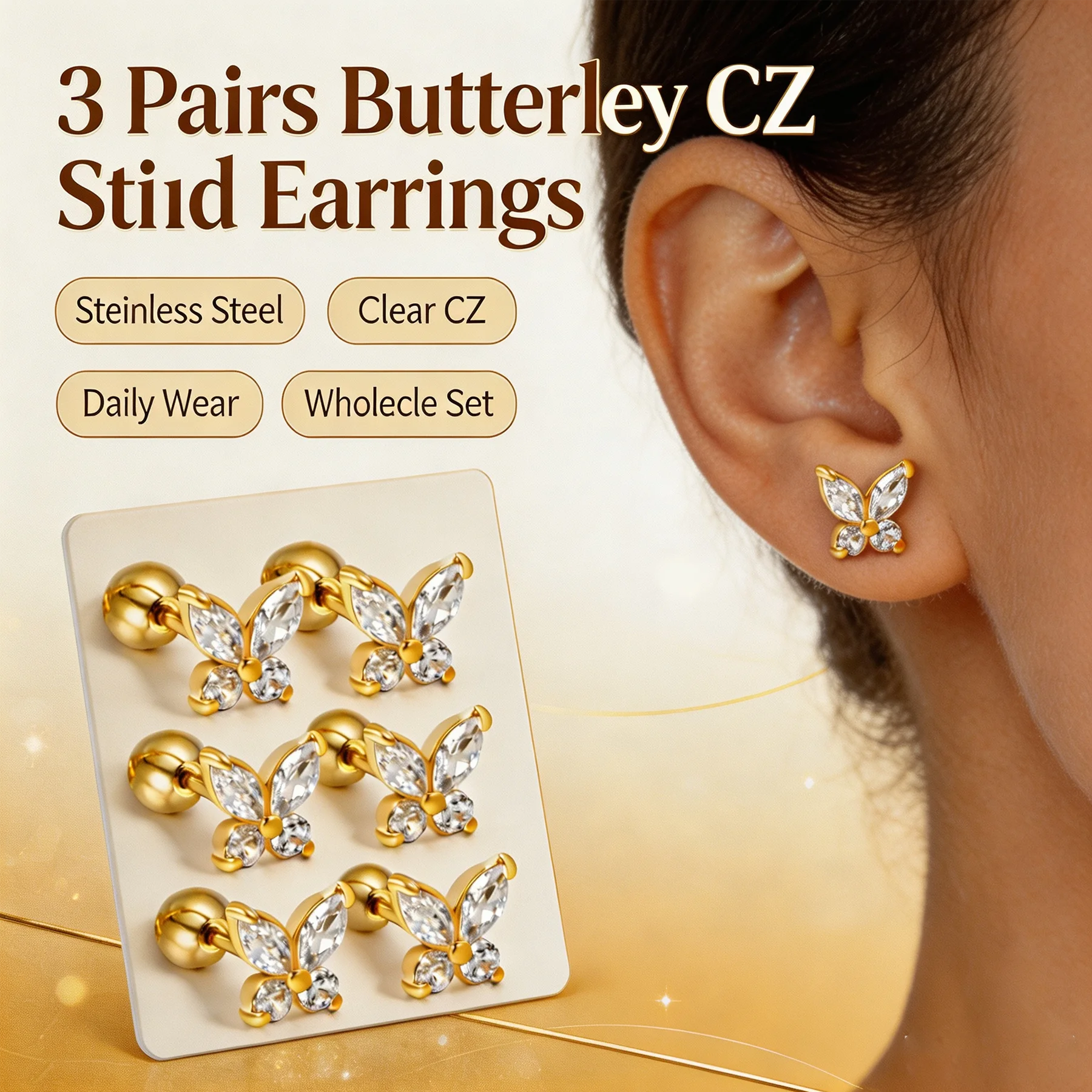 3 Pairs Gold Mini Butterfly CZ Stud Earrings Set Stainless Steel Ball Back Wholesale Cartilage Piercing Jewelry
