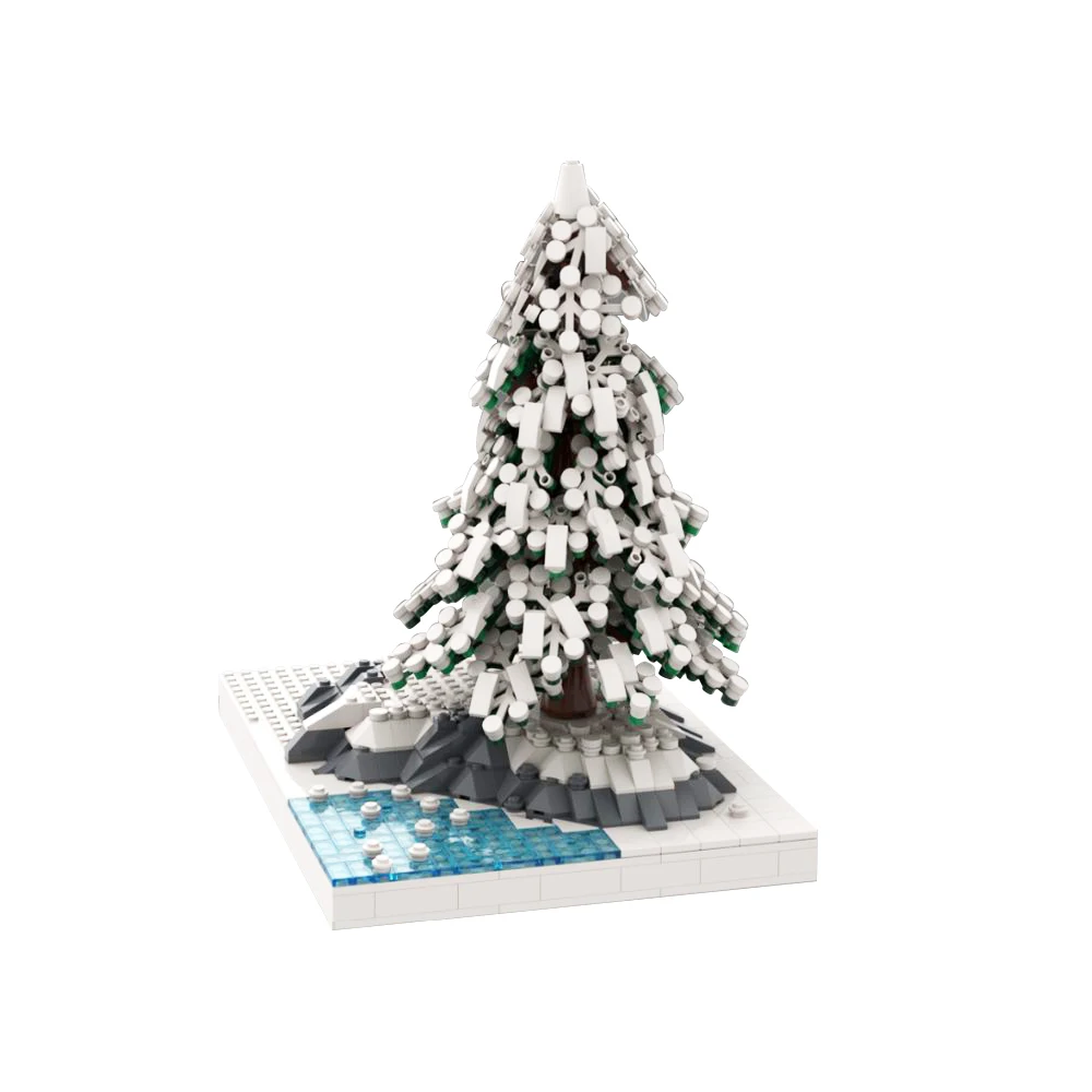 MOC Winter Fir Pine Tree WITH Base Building Blocks White Snow Plant DIY Bricks Model Adult Toys Decor City Street Forest Garden