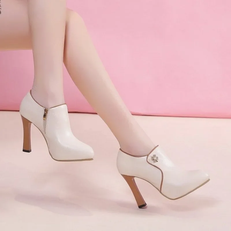 Women Pumps New 2023 Spring Round Toe Genuine Leather Zipper Sexy Super High Heels Shoes Handmade Ladies Footwear Beige