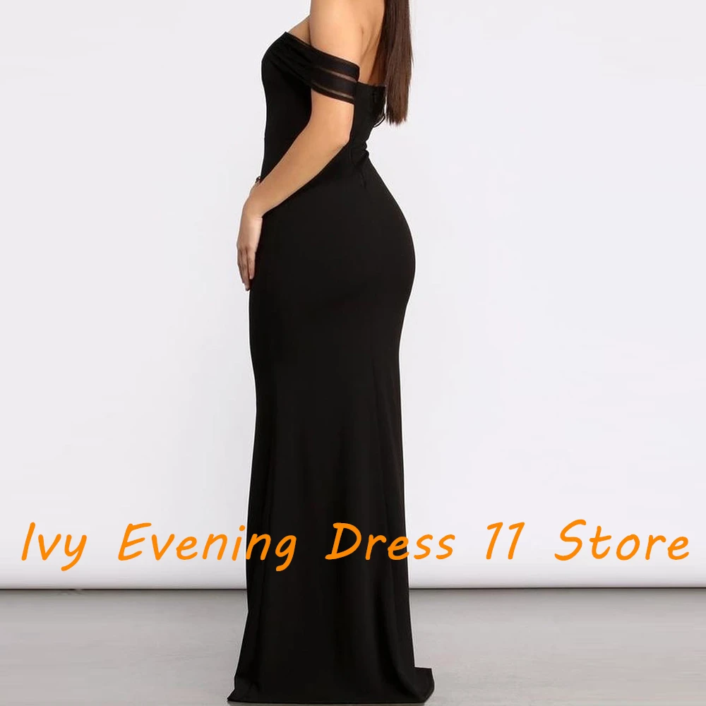 Customized Temperament Off the Shoulder Jersey Evening Dresses Formal Strapless Short Sleeves Straight Floor Length Bridal Party