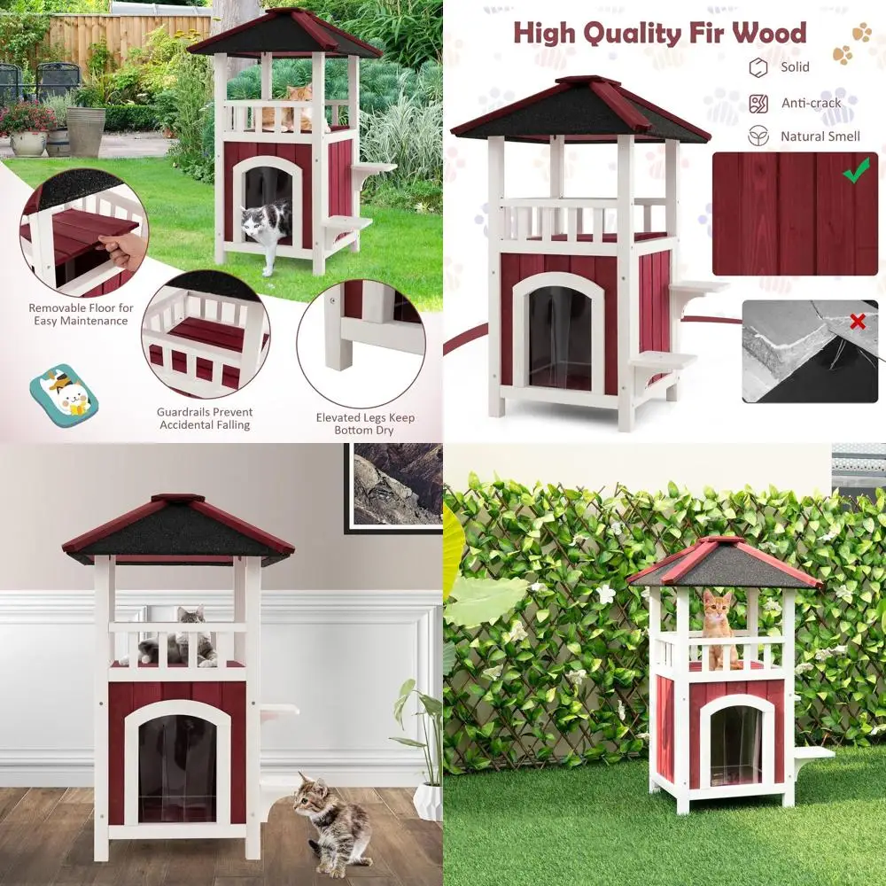 

Всепогодный деревянный домик для кошек с балконом, дождезащитной шторкой, платформами для прыжков и съемным полом для кошек малого и среднего размера