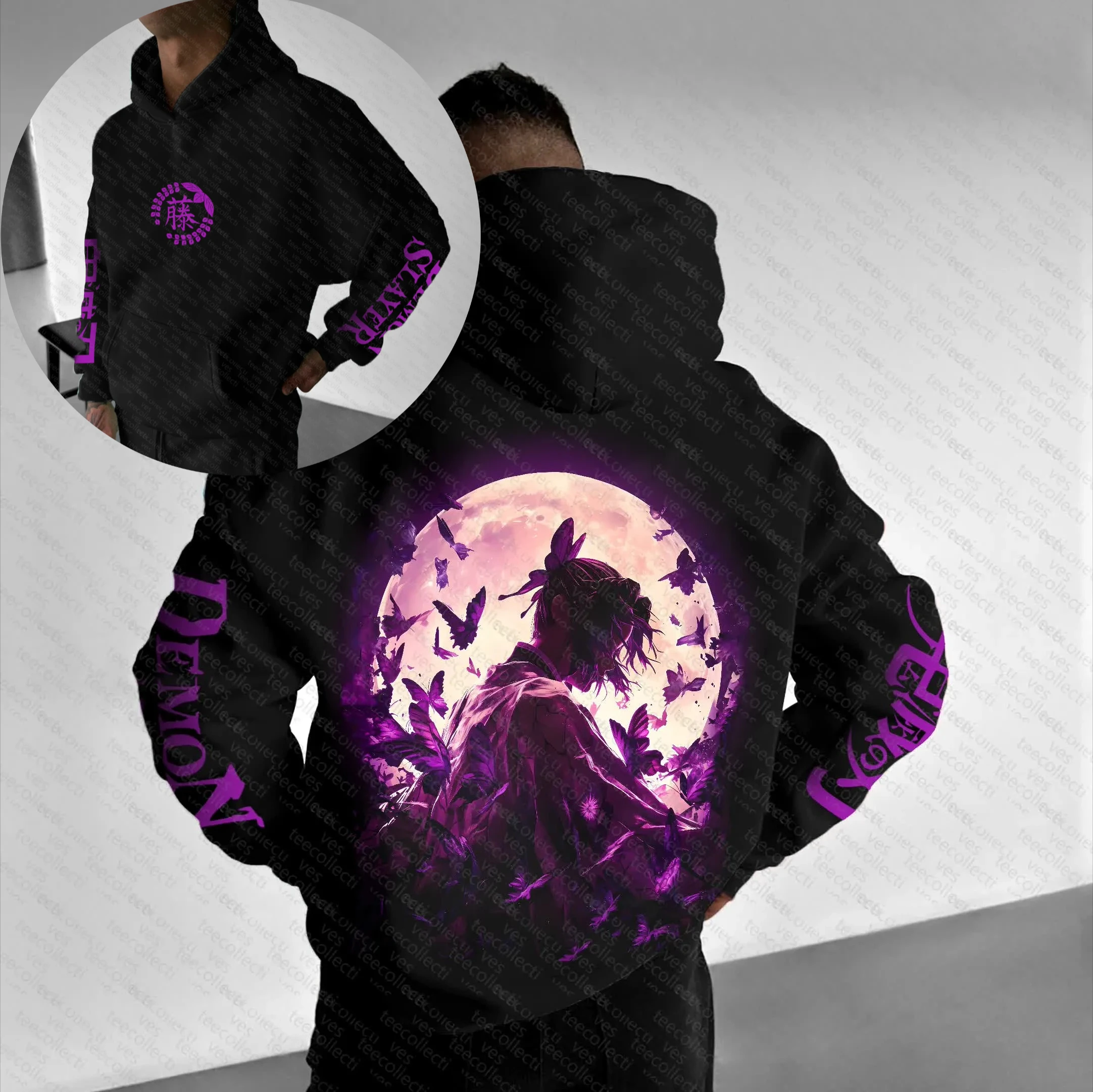 Demon Slayer zwarte hoodie heren 2025, winter anime Inosuke Hashibira rugprint zwijnmasker karakter met bloedig zwaard katoen