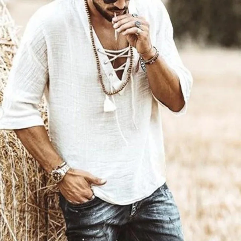 قميص رجالي للتجارة الخارجية عبر الحدود برقبة على شكل حرف V وأربطة علوية صيفية غير رسمية بلون سادة وأكمام سبعة أرباع #3