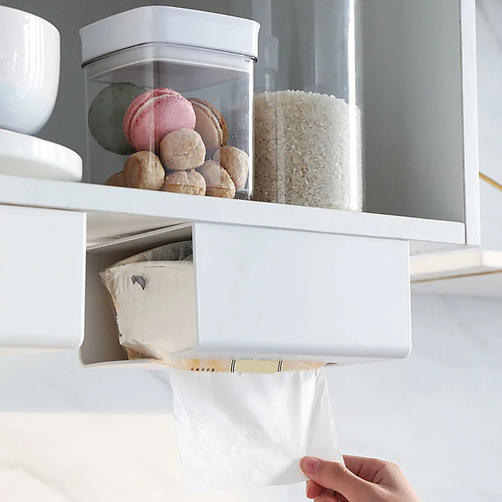 Practical White Wall Mounted Tissue Box ABS 8.2*19*13.2cm Toilet Paper Holder Adhesive Napkin Dispenser for Cabinet